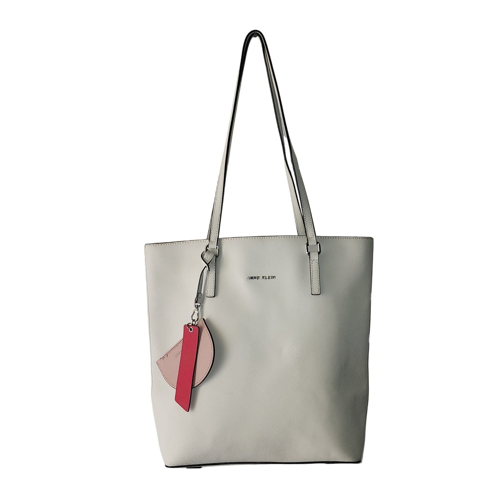 Anne Klein Saffiano Leather Tote Bag  Off White Zip Top Shoulder Bag with Charm